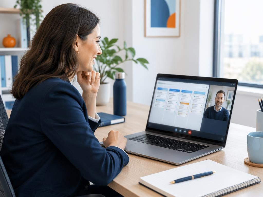 An account manager smiling on a video call with a client