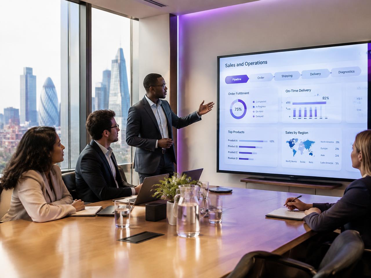 Business leaders reviewing an AI powered sales and operations dashboard